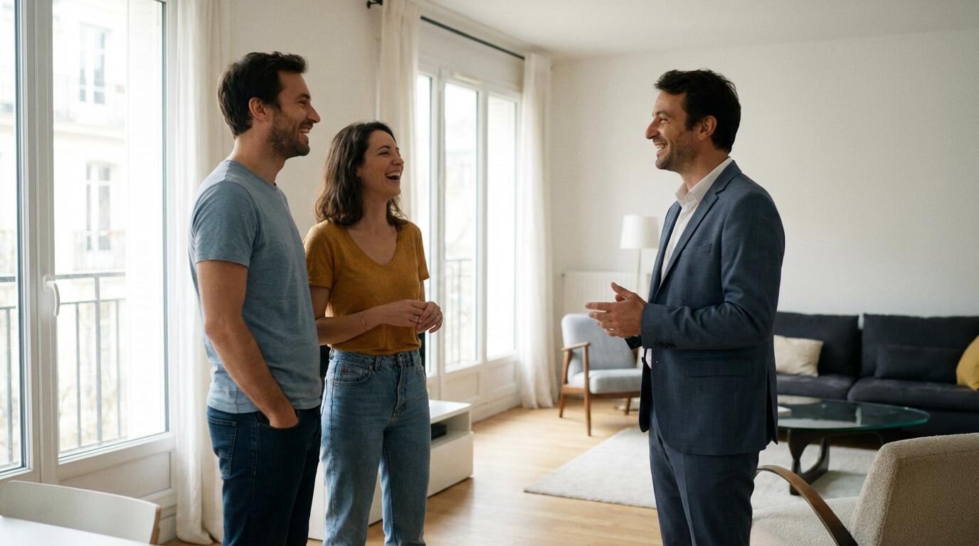 Agent immobilier discutant avec des propriétaires pour une estimation gratuite