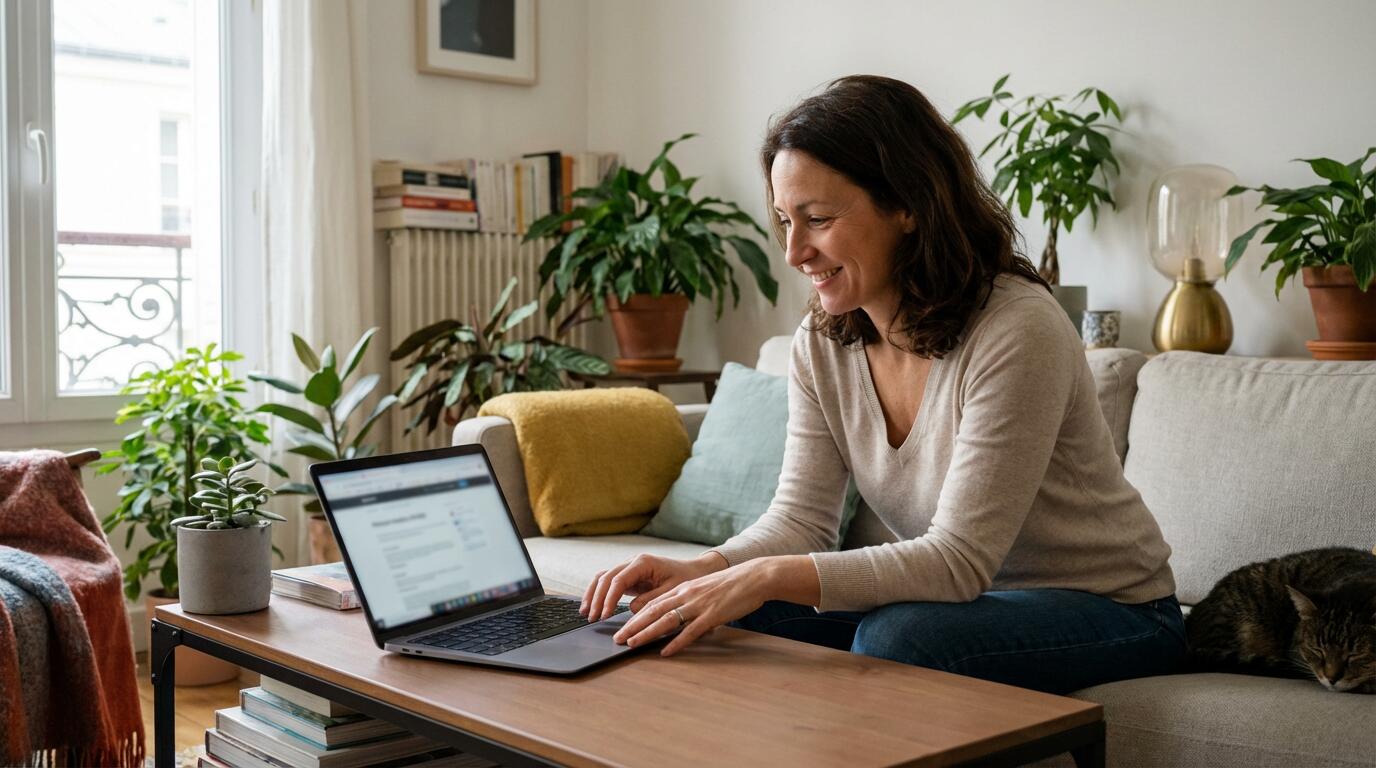 Propriétaire consultant une estimation immobilière en ligne RealAdvisor sur son ordinateur