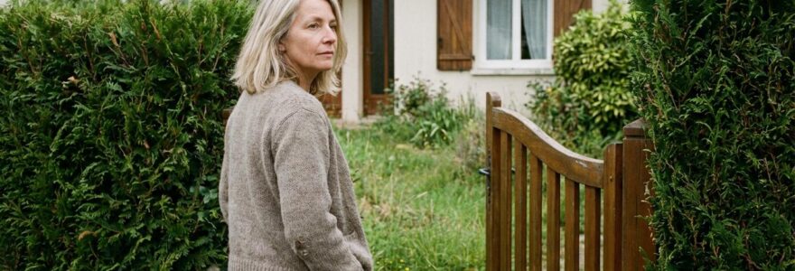 Propriétaire française réfléchissant devant sa maison avant estimation immobilière