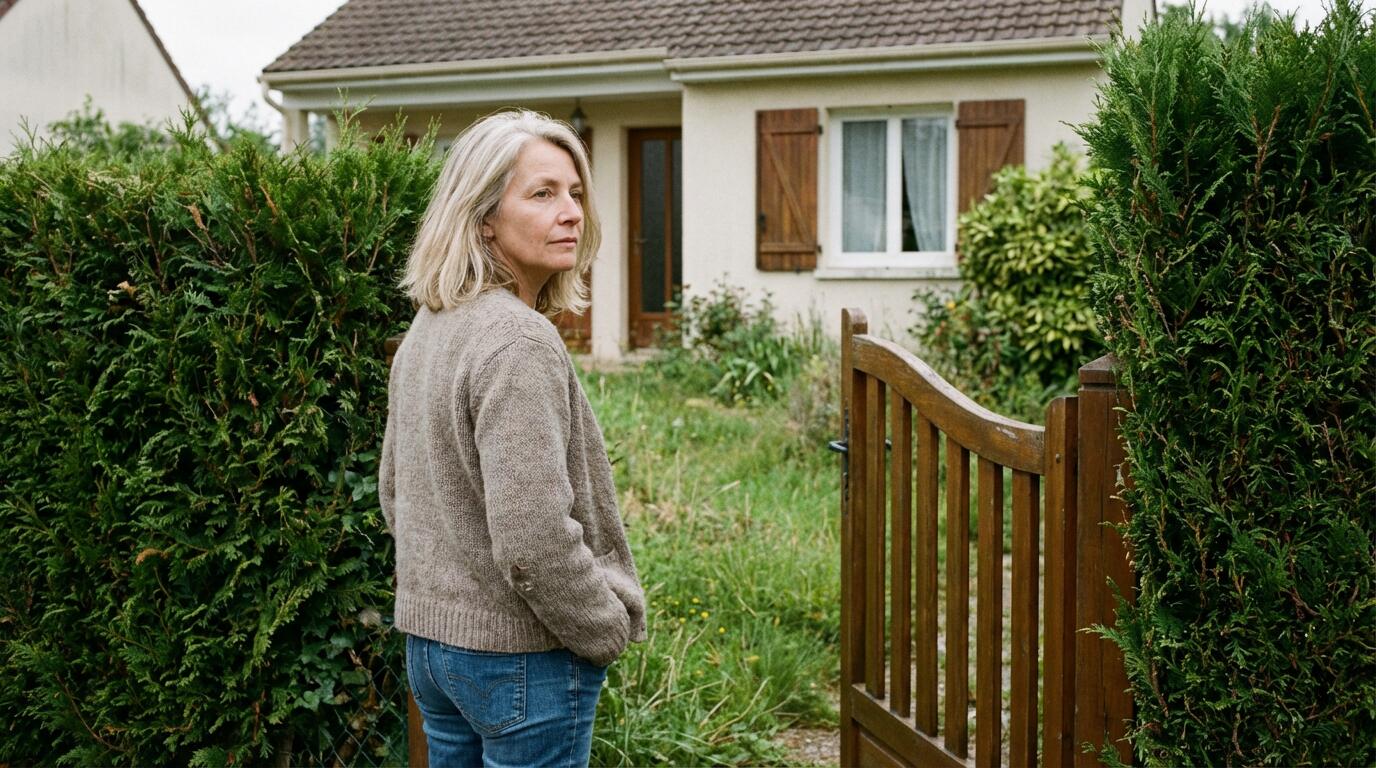 Propriétaire française réfléchissant devant sa maison avant estimation immobilière